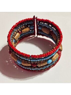 (701) Bohemian Faux Turquoise Coral Thick Cuff Bracelet Unisex Beaded